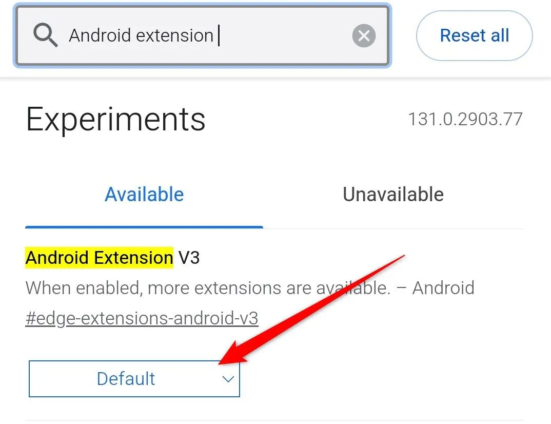 Trang Edge Experiments hiển thị kết quả tìm kiếm Android Extension