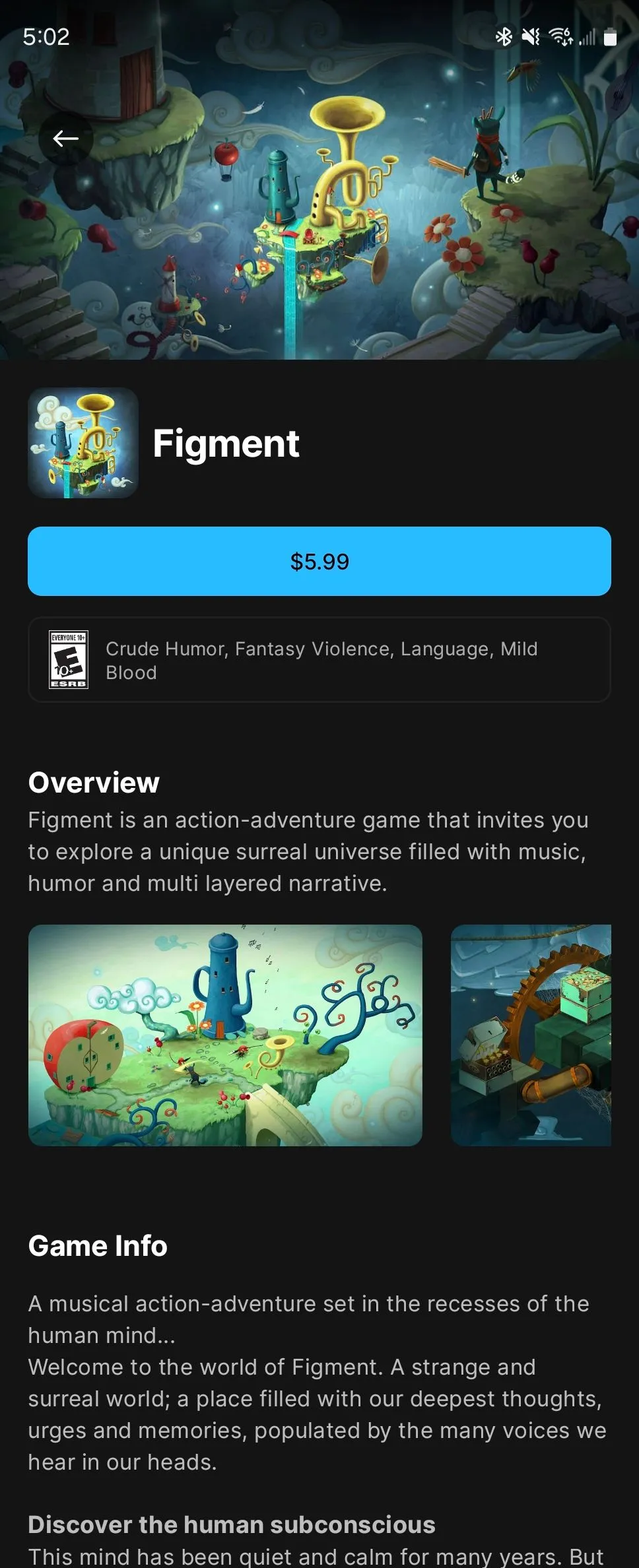 Trang thông tin chi tiết của game Figment trên Epic Games Store Android, cung cấp ảnh chụp màn hình và mô tả cơ bản.