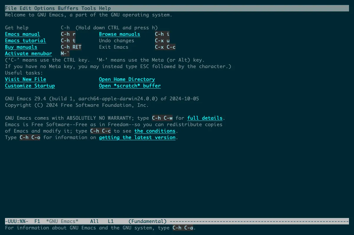 Trình soạn thảo văn bản GNU Emacs đang mở trong cửa sổ Terminal, thể hiện khả năng truy cập vào môi trường dòng lệnh *NIX mạnh mẽ trên macOS, tương tự như Linux.