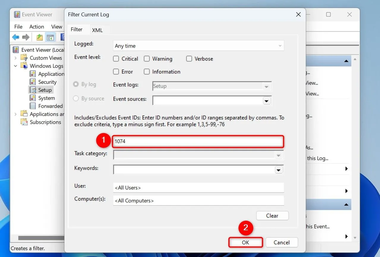 Trường nhập ID nhật ký trong Event Viewer, với số 1074 được nhập để lọc các sự kiện khởi động lại máy tính