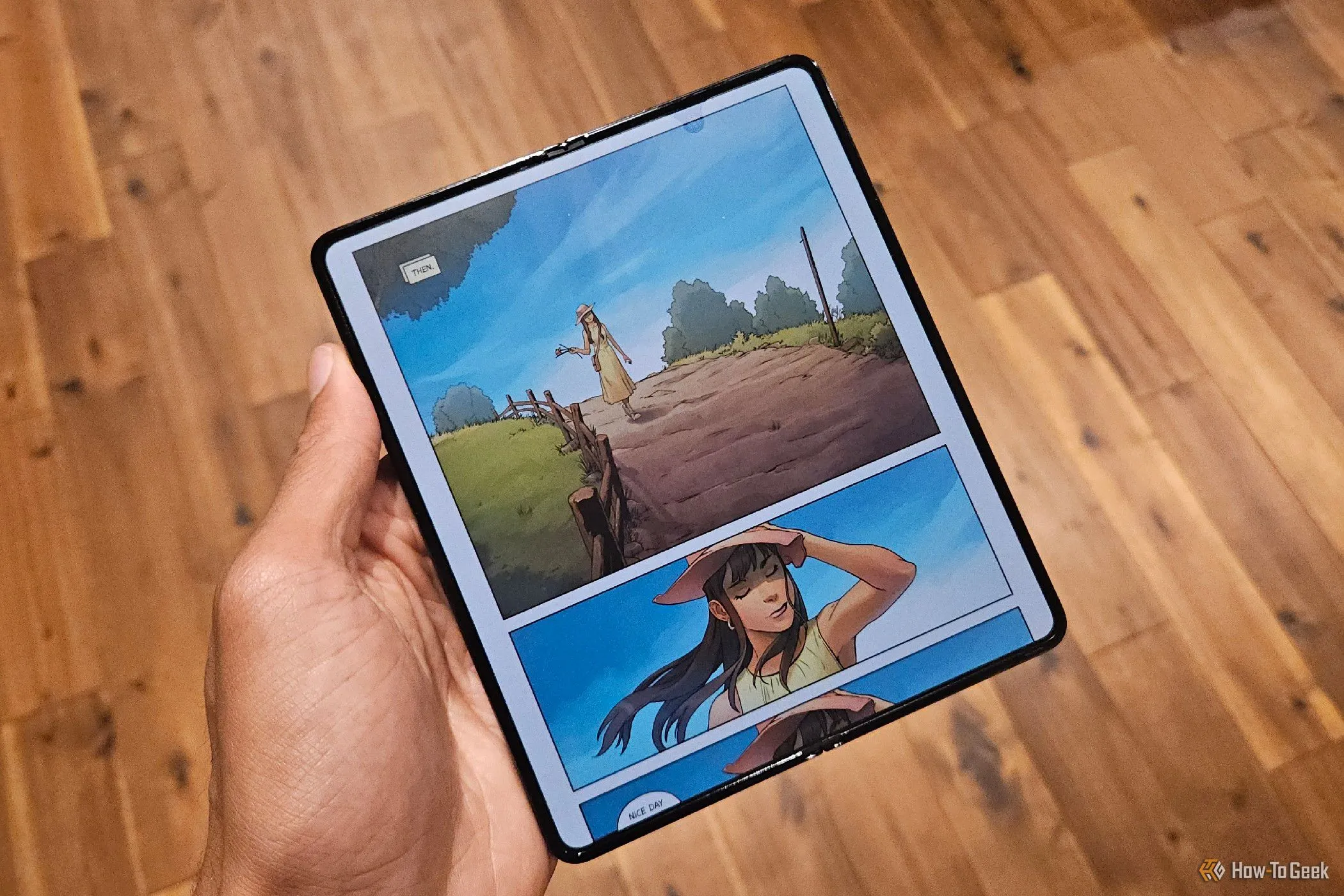 Truyện tranh kỹ thuật số hiển thị trên màn hình lớn của Samsung Galaxy Z Fold 5, tối ưu cho trải nghiệm đọc.