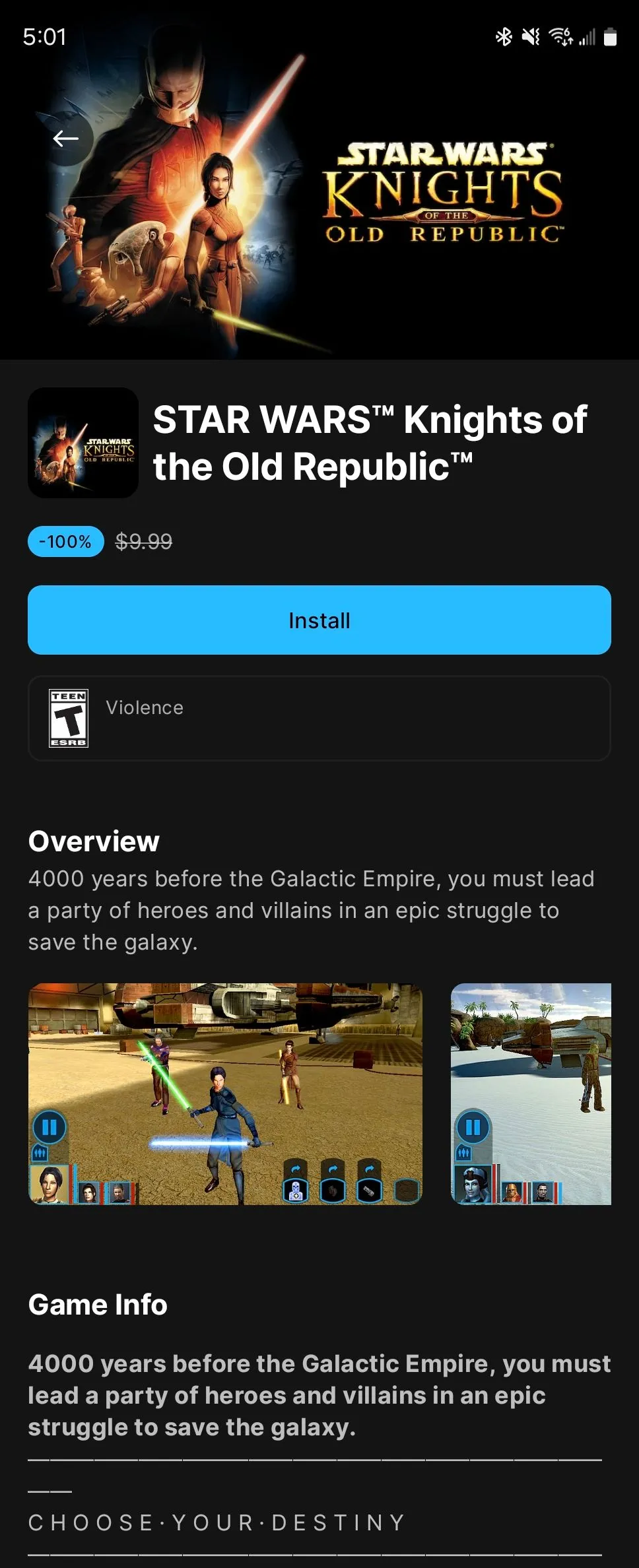 Tựa game kinh điển Star Wars: Knights of the Old Republic đang được tặng miễn phí trên Epic Games Store Android.