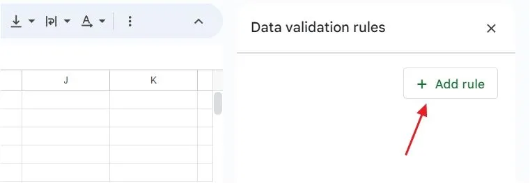 Tùy chọn Add Rule (Thêm quy tắc) trong cửa sổ Data Validation Rules (Quy tắc xác thực dữ liệu)