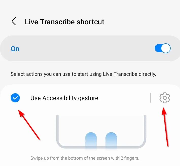 Tùy chọn bật cử chỉ trợ năng để khởi động Live Transcribe