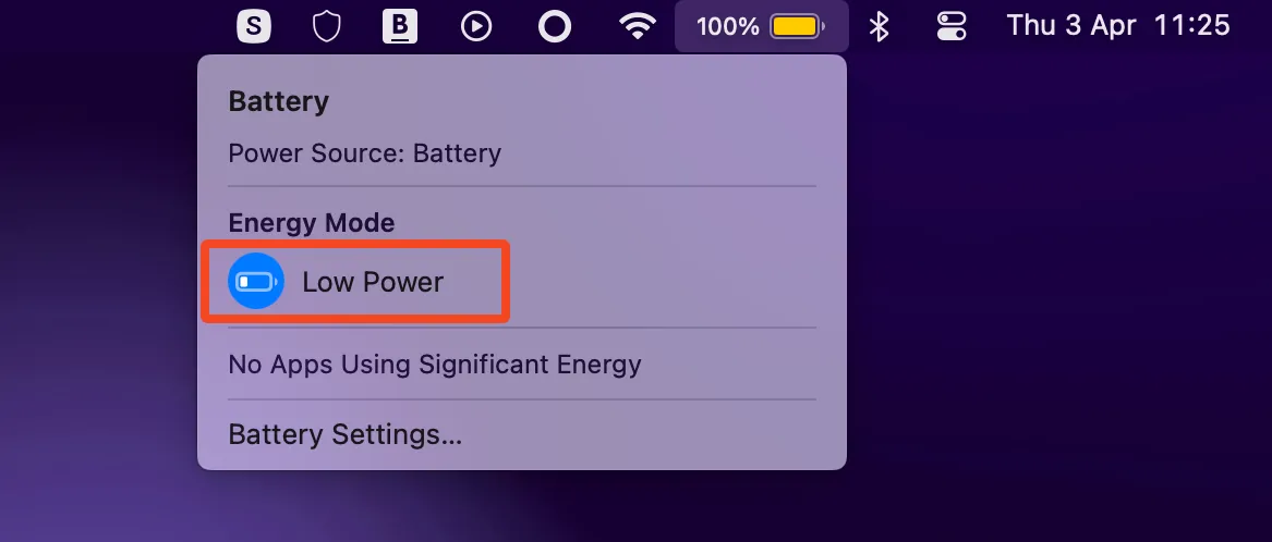 Tùy chọn chế độ Nguồn điện thấp trong thanh menu trên macOS, hiển thị biểu tượng pin.