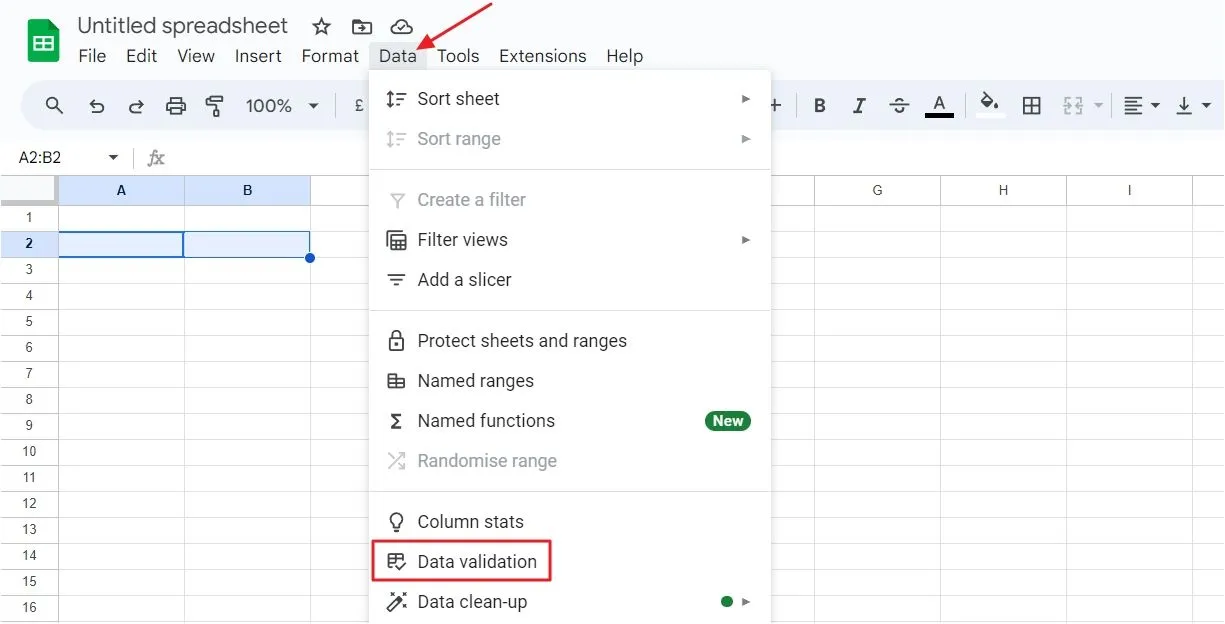 Tùy chọn Data Validation (Xác thực dữ liệu) trong menu Data (Dữ liệu) của Google Sheets
