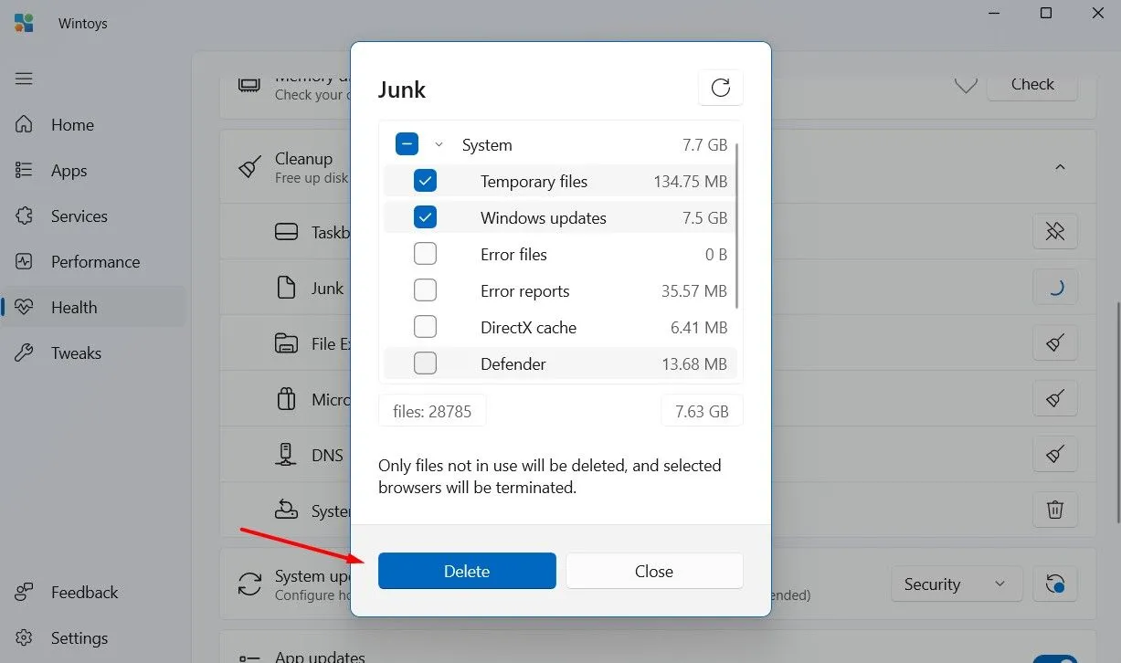 Tùy chọn dọn dẹp file rác và dữ liệu không cần thiết trong Wintoys