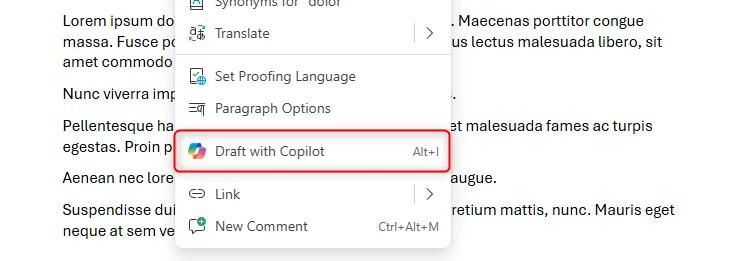 Tùy chọn 'Draft With Copilot' trong menu chuột phải của Word for the web, cho phép truy cập Copilot dễ dàng.