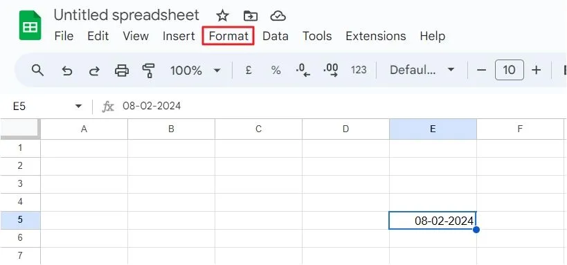 Tùy chọn Format (Định dạng) trên thanh menu của Google Sheets