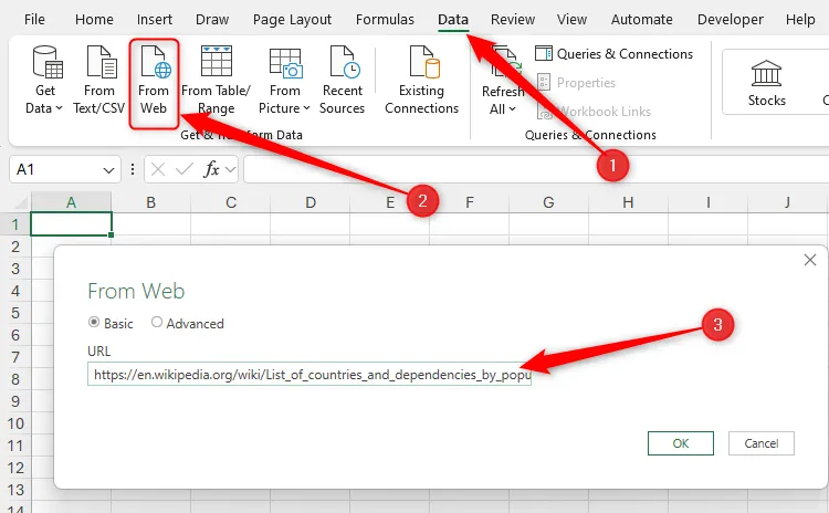 Tùy chọn 'From Web' (Từ Web) được chọn trong tab 'Data' (Dữ liệu) của Excel và URL của trang web được dán vào hộp thoại, chuẩn bị nhập dữ liệu từ web bằng Power Query.