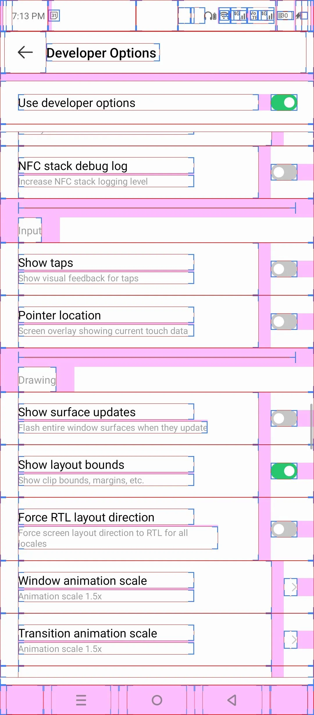 Tùy chọn hiển thị giới hạn bố cục (Show Layout Bounds) trong Chế độ nhà phát triển Android