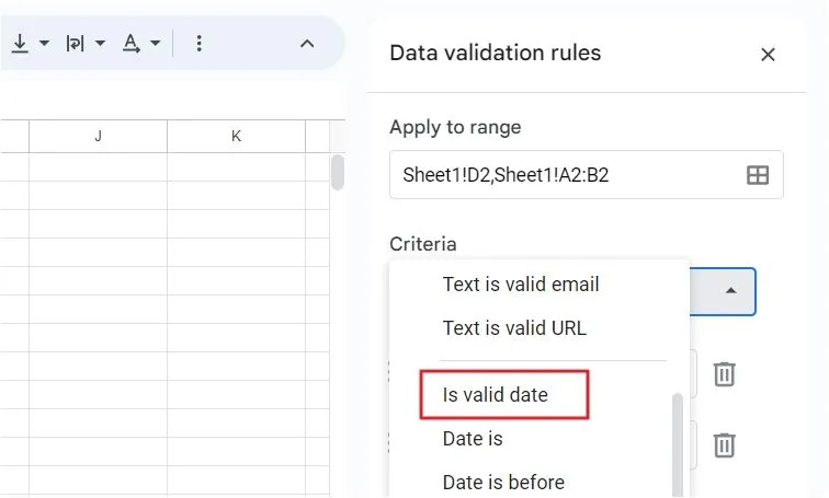 Tùy chọn Is Valid Date (Là ngày hợp lệ) trong menu thả xuống Criteria (Tiêu chí)