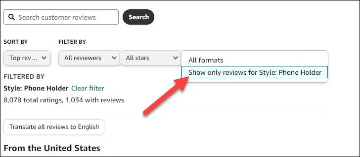 Tùy chọn lọc 'All Formats' (Tất cả định dạng) trên trang đánh giá Amazon, cho phép chọn mẫu sản phẩm cụ thể.