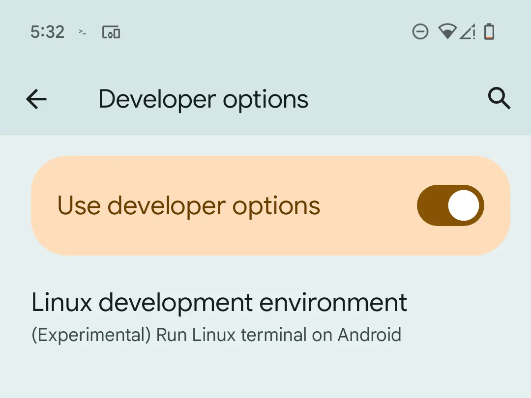 Tùy chọn môi trường nhà phát triển Linux trong Developer Options trên điện thoại Pixel Android