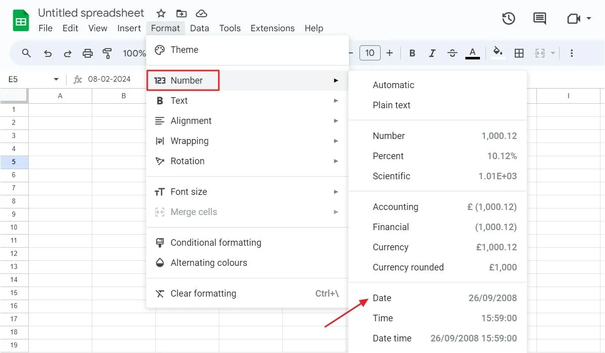Tùy chọn Number (Số) trong menu Format (Định dạng) của Google Sheets