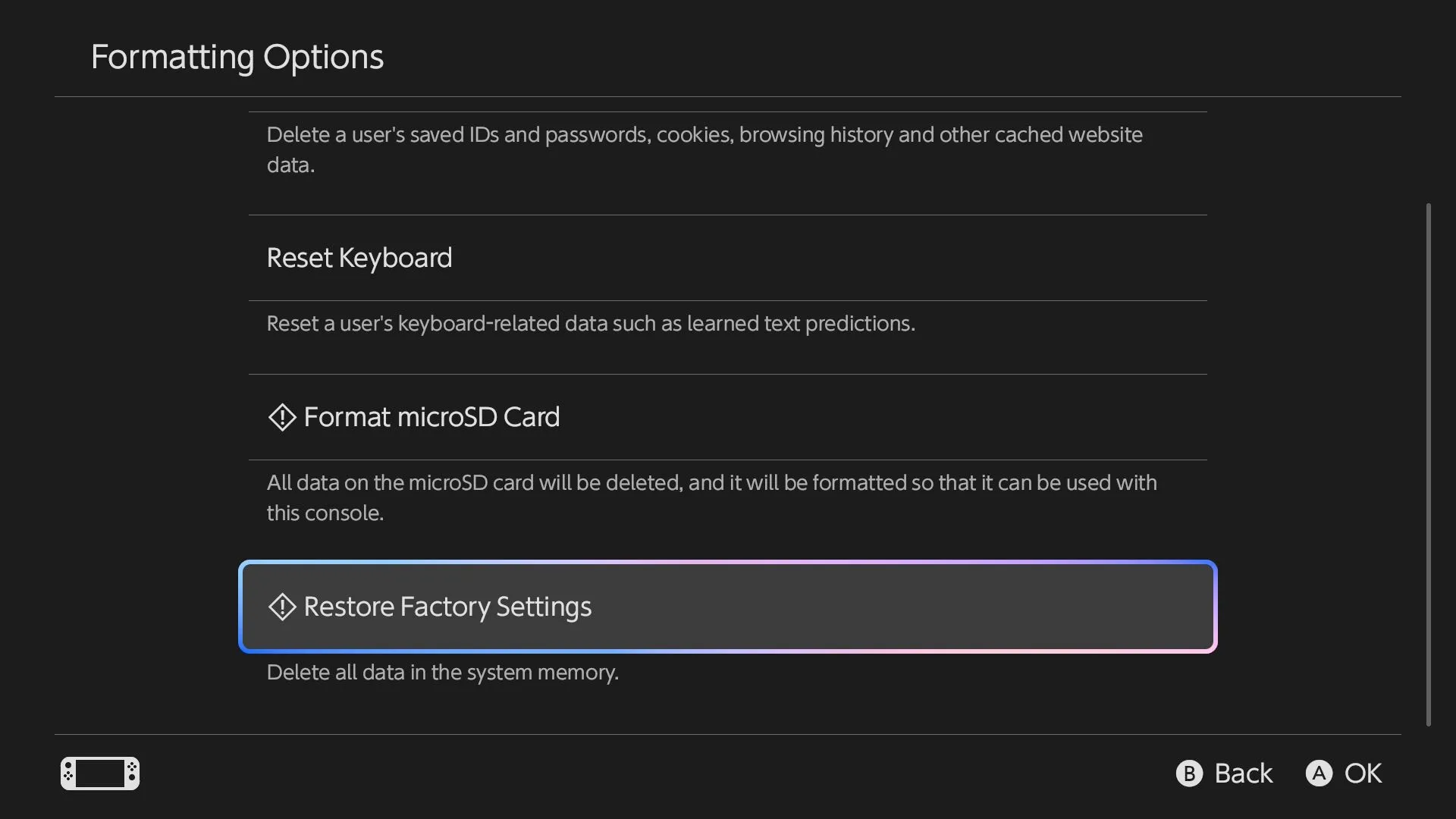 Tùy chọn &quot;Restore Factory Settings&quot; để khôi phục cài đặt gốc trên Nintendo Switch, giúp bắt đầu lại quá trình chuyển dữ liệu.
