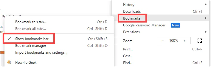 Tùy chọn &quot;Show Bookmarks Bar&quot; trong mục &quot;Bookmarks&quot; của menu Chrome, giúp người dùng ẩn thanh dấu trang.