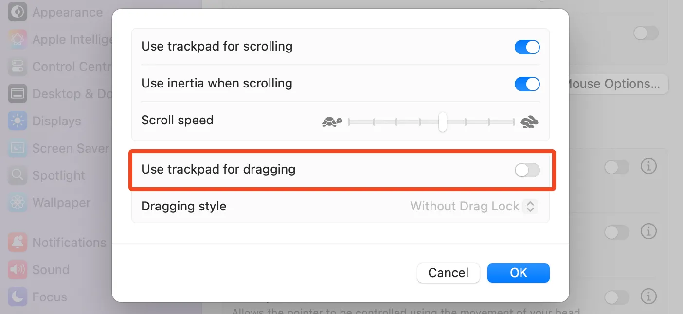 Tùy chọn &quot;Sử dụng bàn di chuột để kéo&quot; trong cài đặt Trợ năng trên macOS.