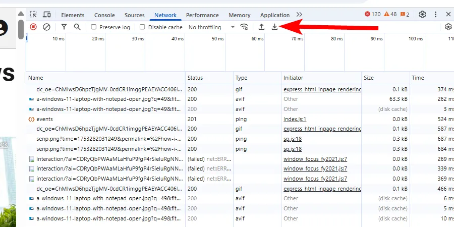 Tùy chọn tải xuống nhật ký mạng (network log) từ tab Network trong Chrome DevTools để phân tích và khắc phục sự cố.