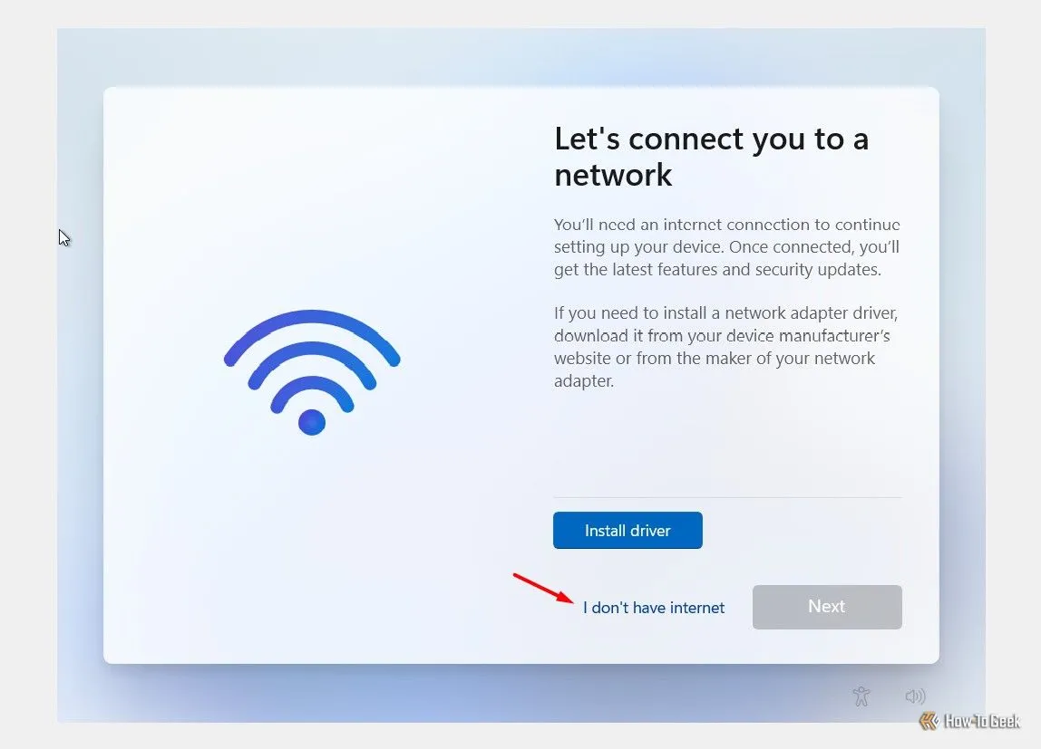 Tùy chọn &quot;Tôi không có Internet&quot; trong quá trình cài đặt Windows 11 để tránh tải xuống bloatware.