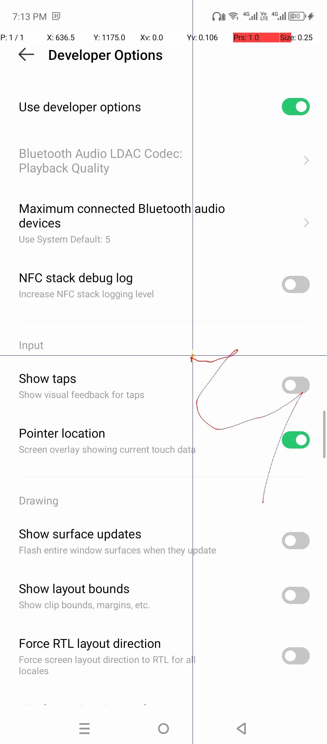 Tùy chọn vị trí con trỏ (Pointer Location) hiển thị tọa độ chạm trên màn hình Android