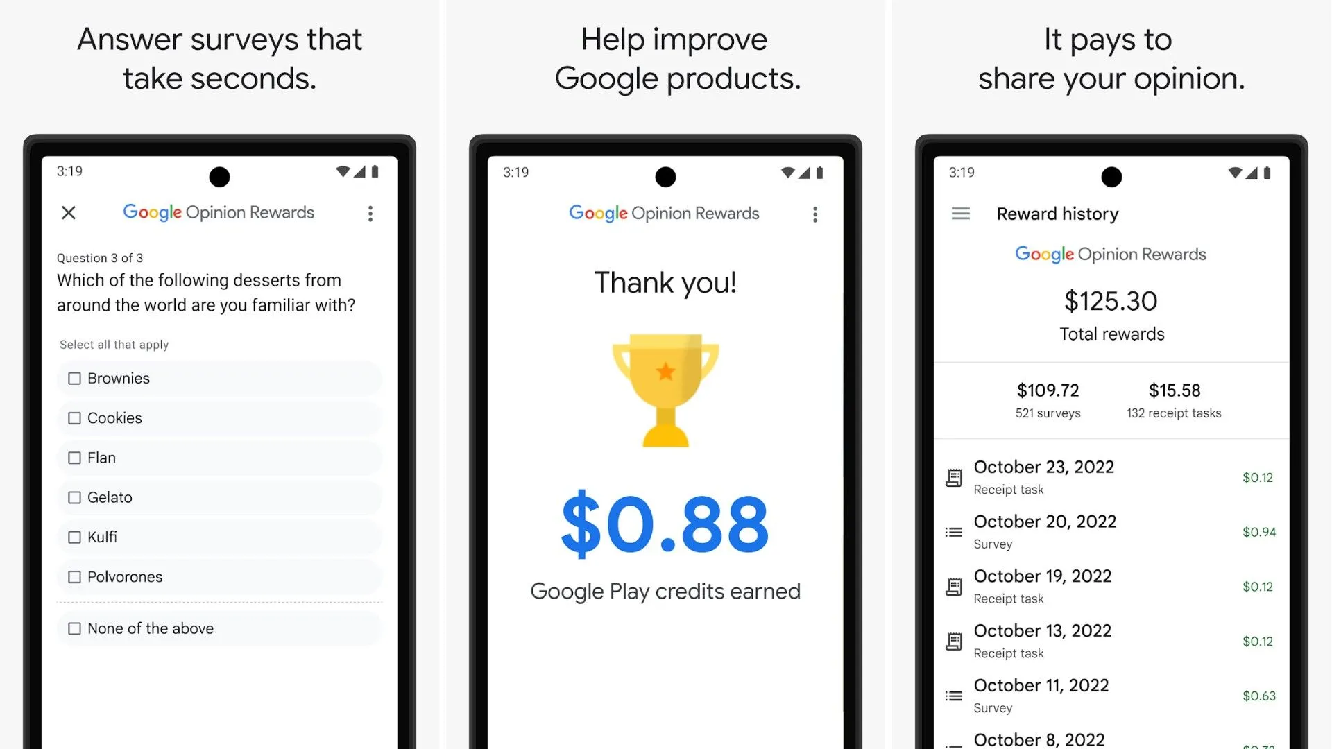 Ứng dụng Google Opinion Rewards hiển thị người dùng kiếm tiền từ việc trả lời khảo sát.
