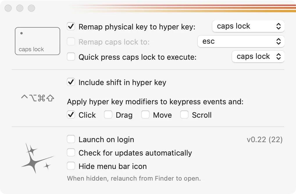 Ứng dụng HyperKey cho macOS, cải thiện tùy chọn phím tắt bằng cách biến Caps Lock thành phím siêu tốc.