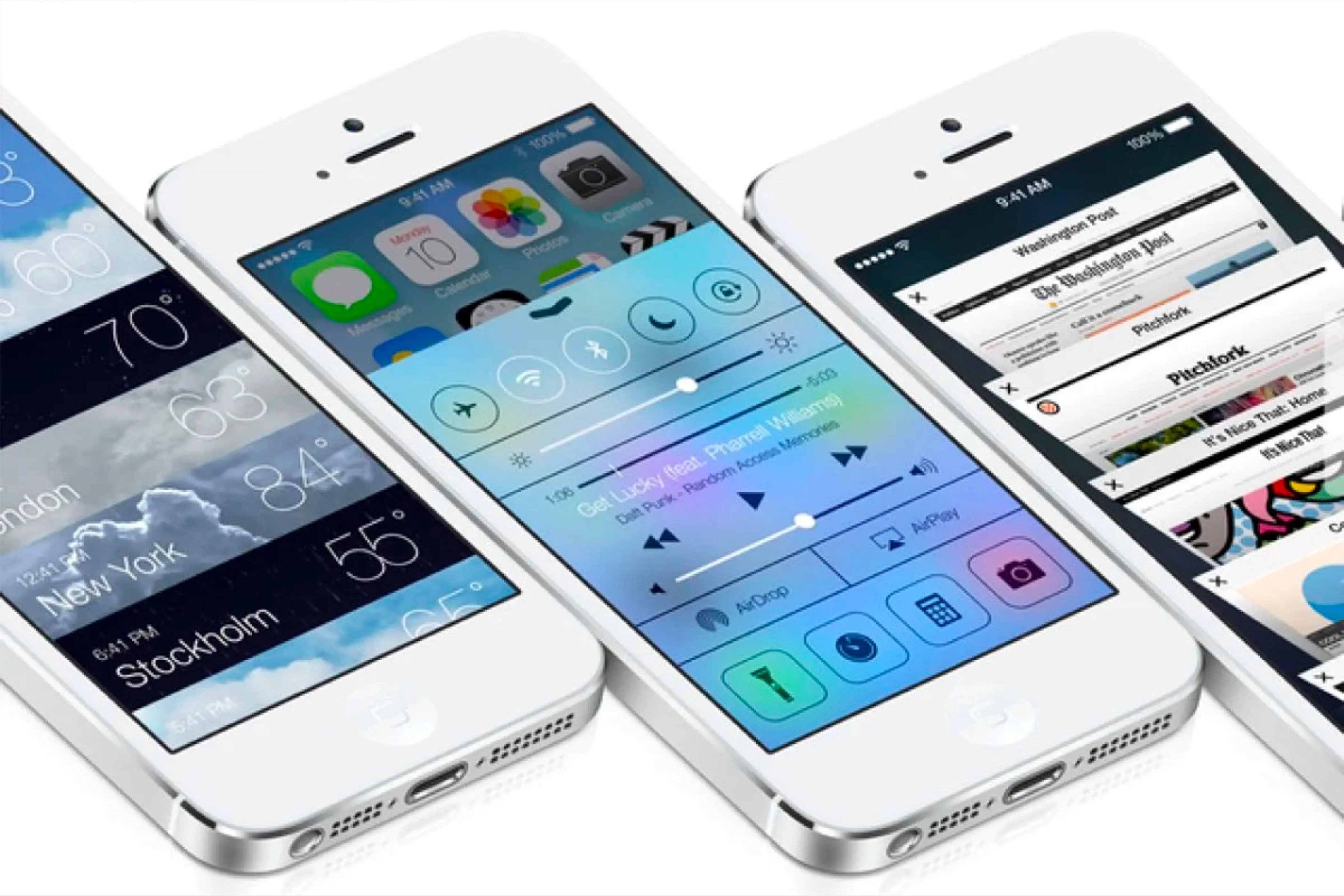 Ứng dụng Thời tiết, Safari và Trung tâm điều khiển (Control Center) trên iPhone chạy iOS 7.