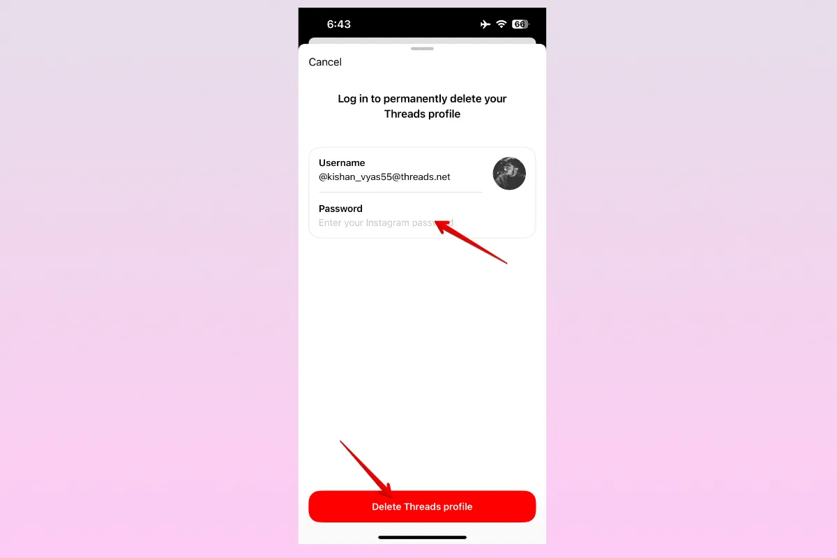 Ứng dụng Threads yêu cầu người dùng xác nhận danh tính bằng mật khẩu Instagram để hoàn tất quá trình xóa tài khoản vĩnh viễn.