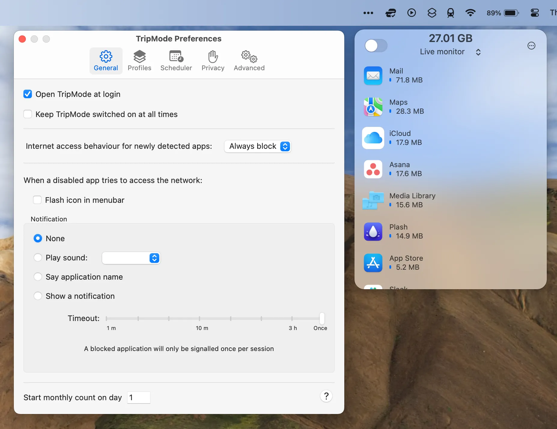 Ứng dụng TripMode lọc dữ liệu điểm truy cập cá nhân trên macOS, hiển thị ứng dụng được phép dùng mạng.