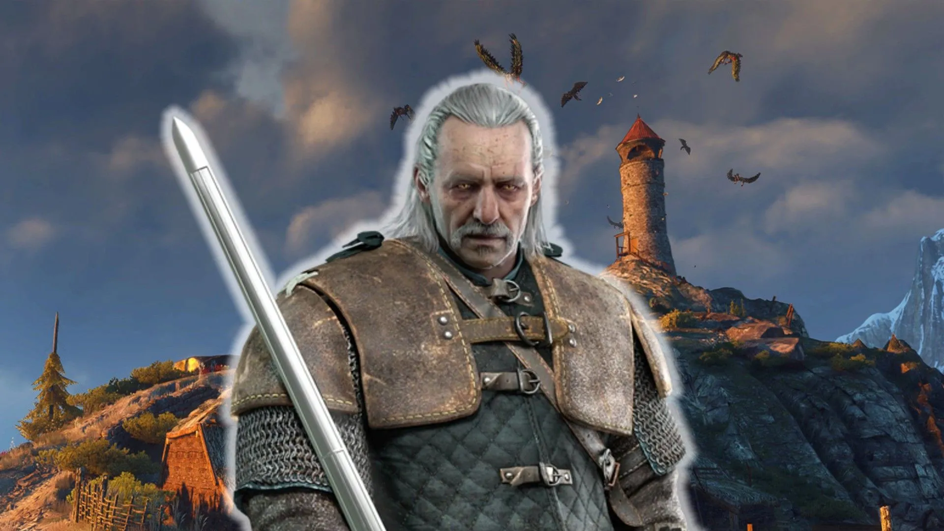 Vesemir cầm kiếm đứng trước một ngôi nhà trong The Witcher 3, thể hiện vẻ ngoài của một thợ săn quái vật già dặn và khôn ngoan.