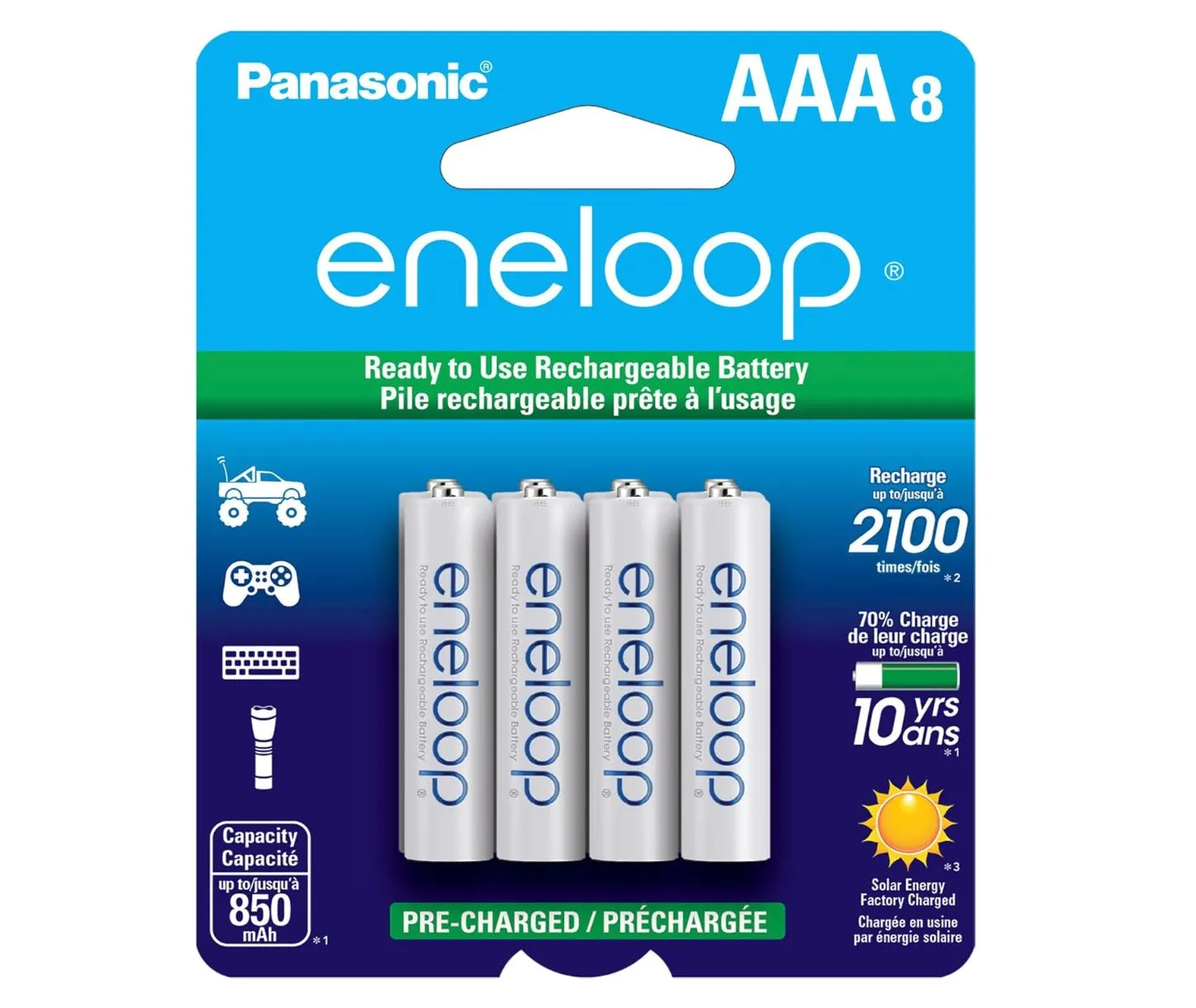 Vỉ 4 viên pin sạc Panasonic Eneloop AAA màu trắng, chất lượng cao, có thể tái sử dụng nhiều lần, lý tưởng cho tay cầm chơi game và các thiết bị điện tử.