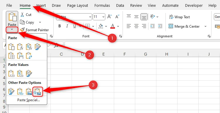 Vị trí nút Linked Picture trong menu Dán của tab Home trong Excel