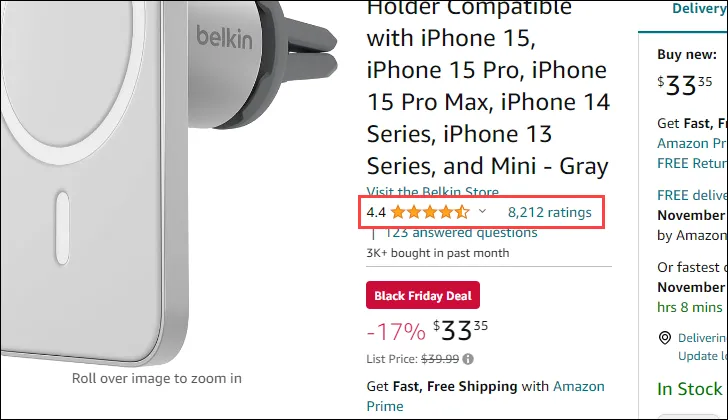 Vị trí tổng số sao đánh giá trên trang sản phẩm Amazon, nơi người dùng có thể nhấp để xem chi tiết bình luận.
