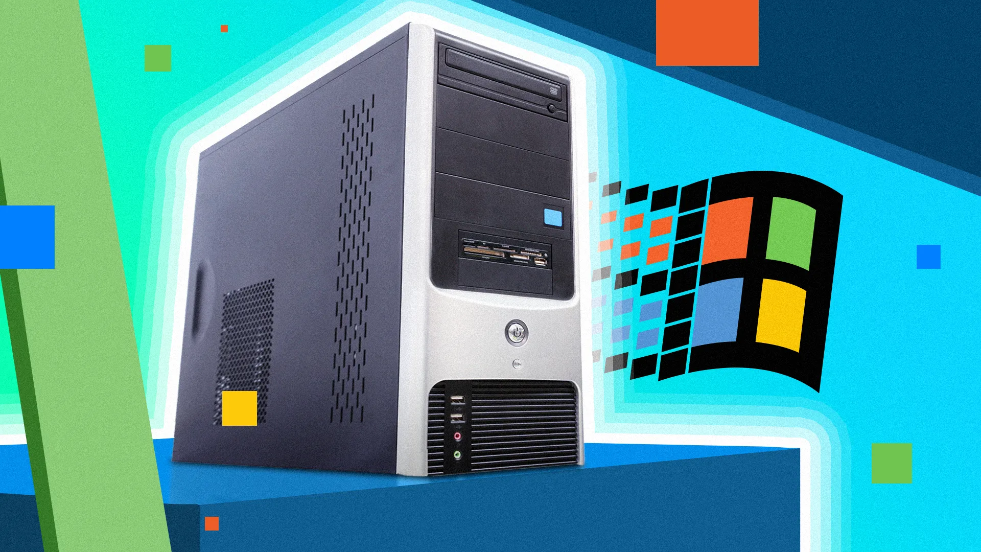 Vỏ case máy tính cũ với logo Windows, gợi nhớ về thời kỳ mà việc thiết lập PC đơn giản hơn, với ít lựa chọn phần cứng và driver được cung cấp qua đĩa mềm hoặc CD.