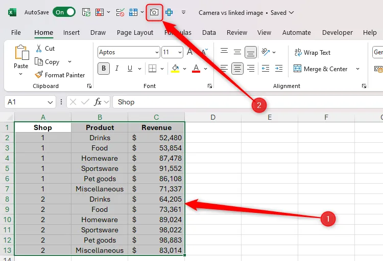 Vùng dữ liệu được chọn trong Excel và biểu tượng Camera Tool trên thanh truy cập nhanh được đánh dấu