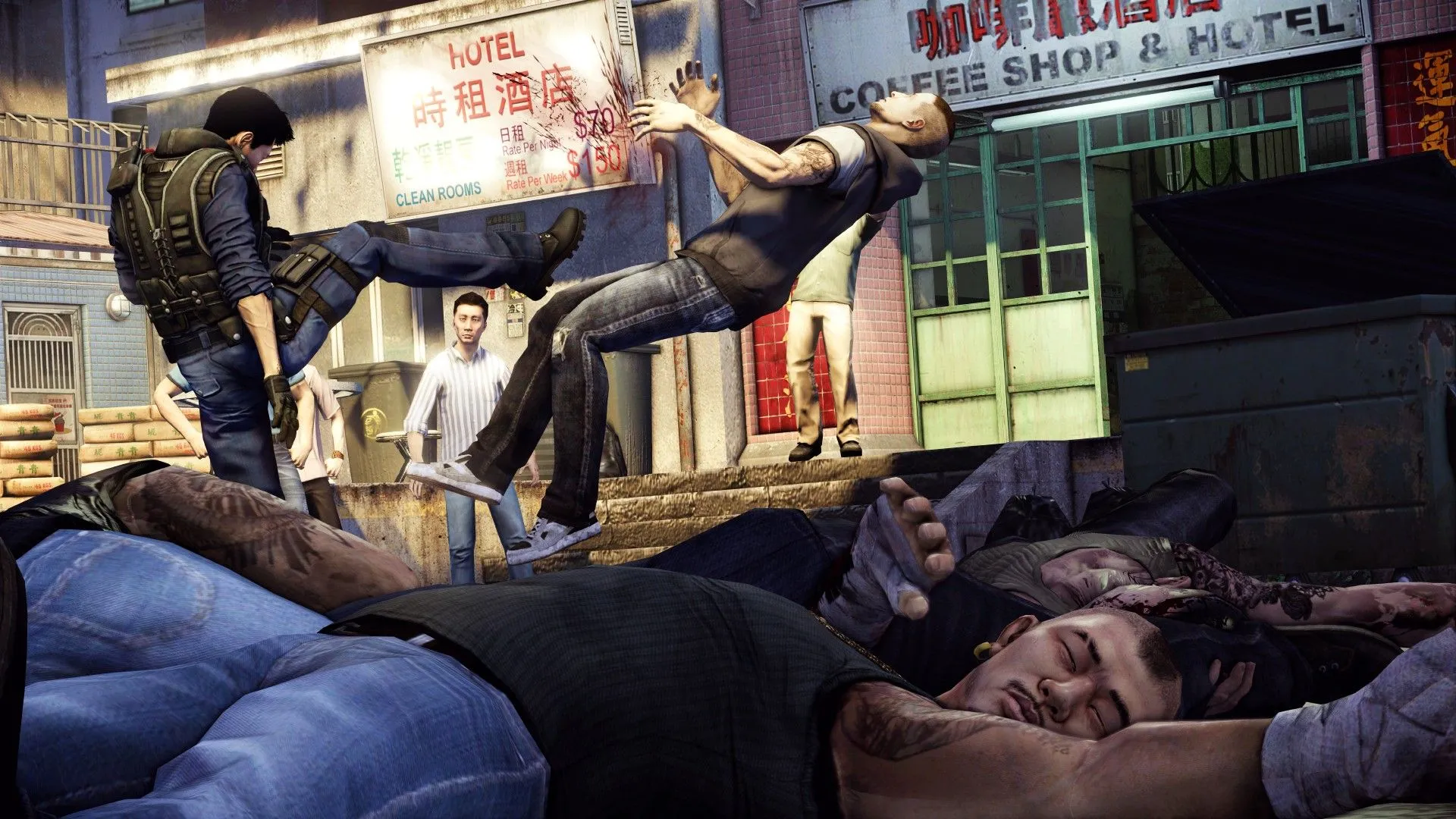 Wei Shen thực hiện cú đá võ thuật vào mặt tội phạm, đồng bọn nằm la liệt trong game Sleeping Dogs.