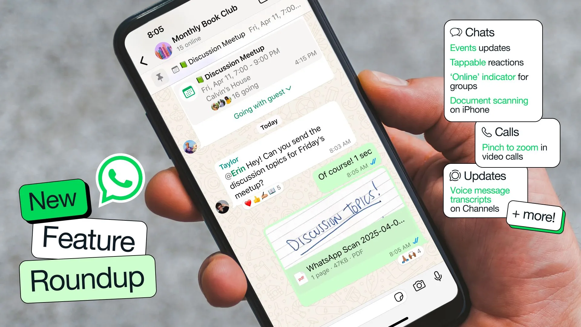 WhatsApp với các tính năng mới trên giao diện điện thoại, hiển thị tin nhắn và cuộc gọi