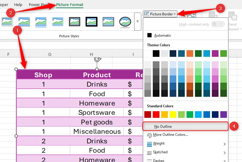 Xóa viền của ảnh liên kết bảng Excel qua menu Picture Border trong tab Picture Format