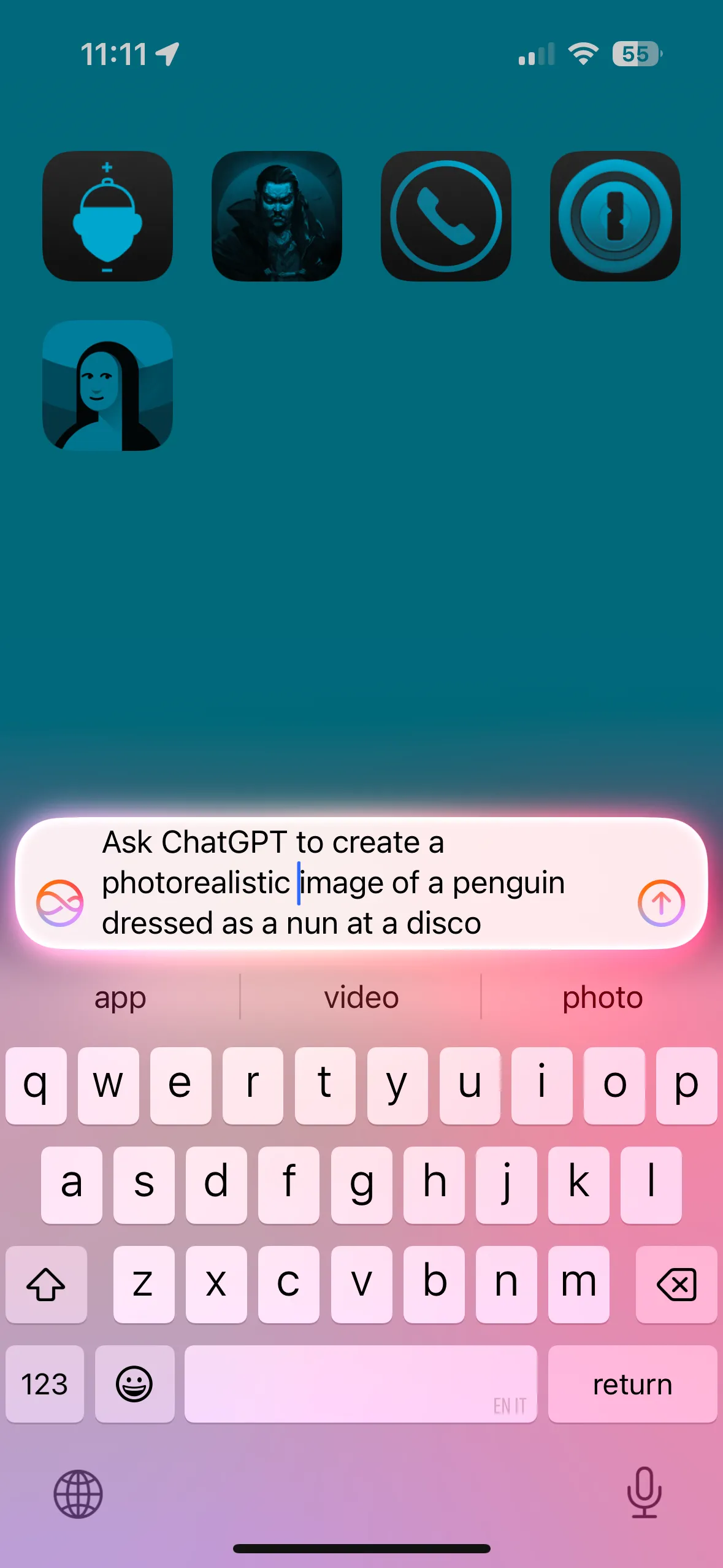 Yêu cầu Siri nhờ ChatGPT tạo ảnh chim cánh cụt mặc đồ nữ tu tại vũ trường, minh họa khả năng ủy quyền tác vụ AI của Siri.
