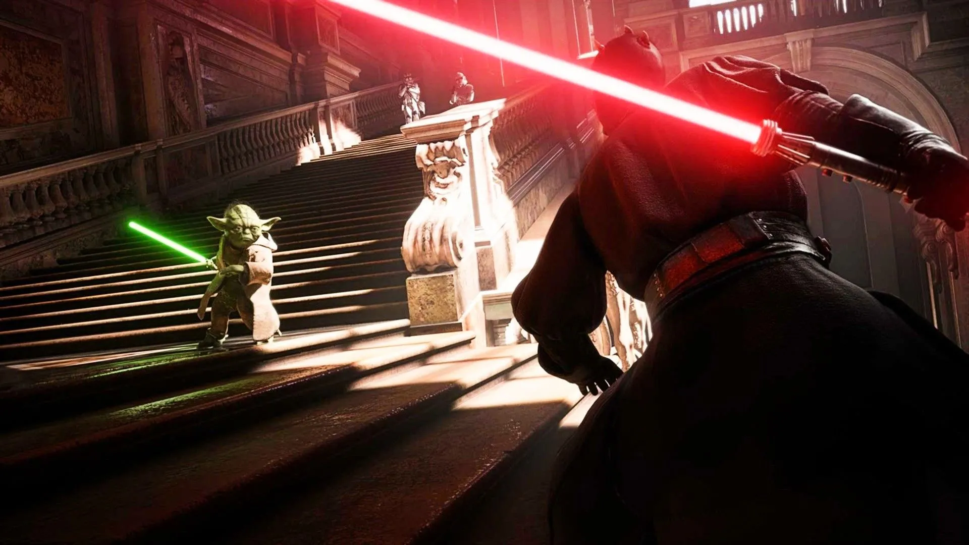 Yoda chiến đấu với Darth Maul trong Star Wars Battlefront 2 giữa cảnh hỗn loạn